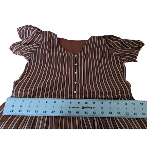 LOFT Petite Striped Button-Front Blouse 6P Rust White Elastic Waist Casual Top - Picture 5 of 14